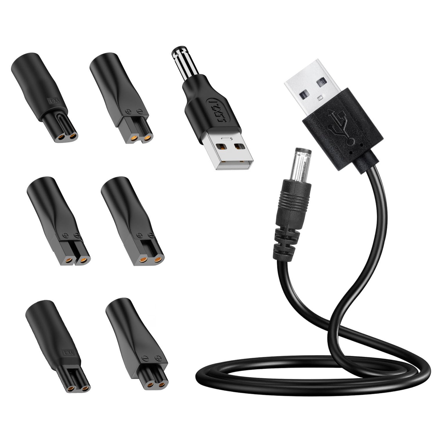 7個の電源コード5V交換用充電器USBアダプターセット。さまざまなタイプの電動バリカン、ひげトリマー、美容師、シェーバー、美容器具、電動美容師、デスクランプ、清浄機に対応