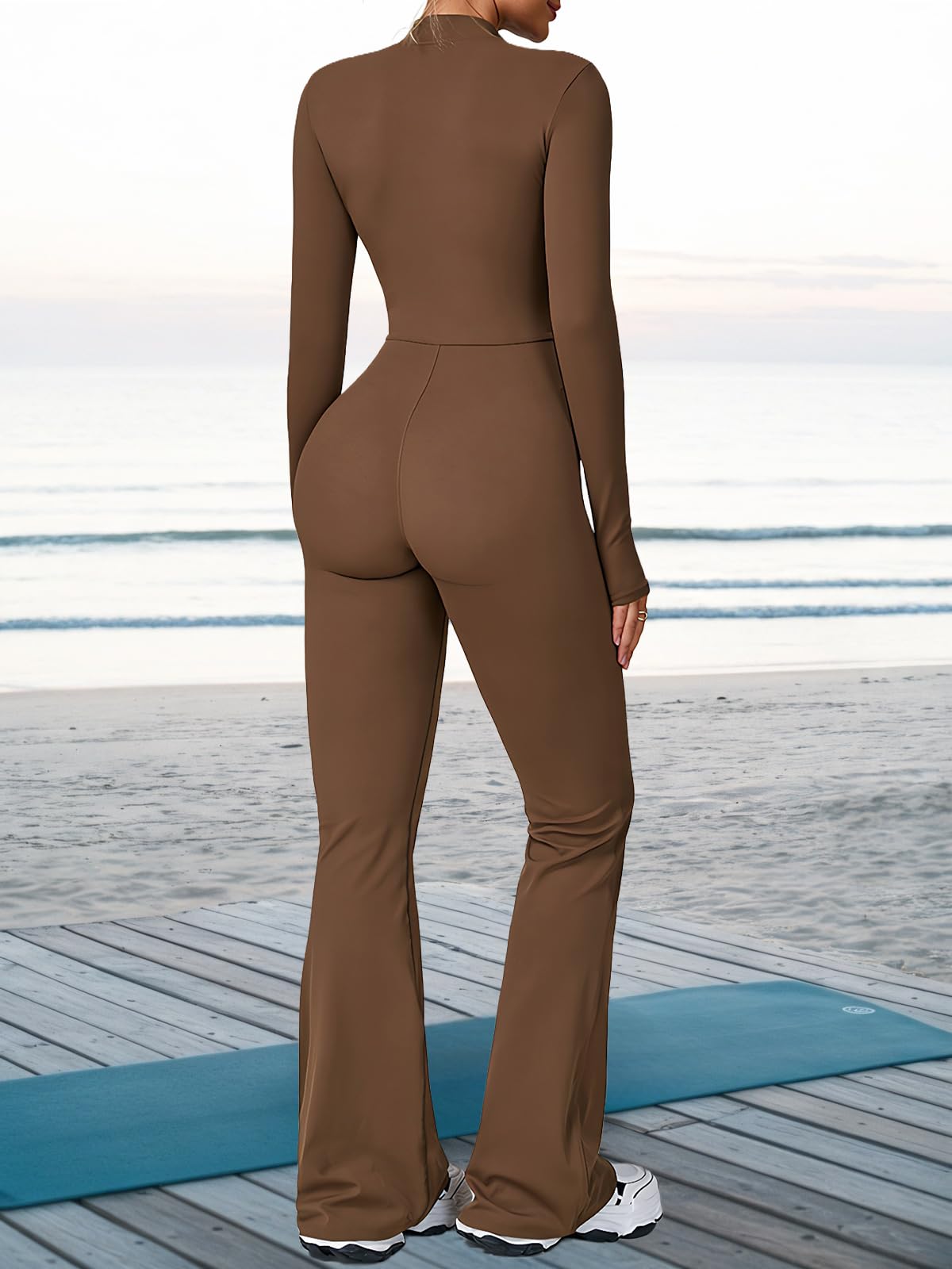 Ecupper Mono de Mujer con Mangas Largas, Abertura en la Parte Inferior, cremallera,Enterizo, Bodysuit Completo, Unitardo de Yoga, Piernas Amplias y Sexy