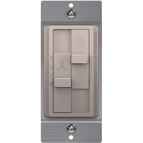 TOPGREENER Kalide Combo Dimmer Switch with 3-Speed Fan Control, Light and Fan Combination Switch, Single Pole, 2.5A, 200W LED/CFL, Neutral Wire Not Required, TGDSFS3-NK, Nickel