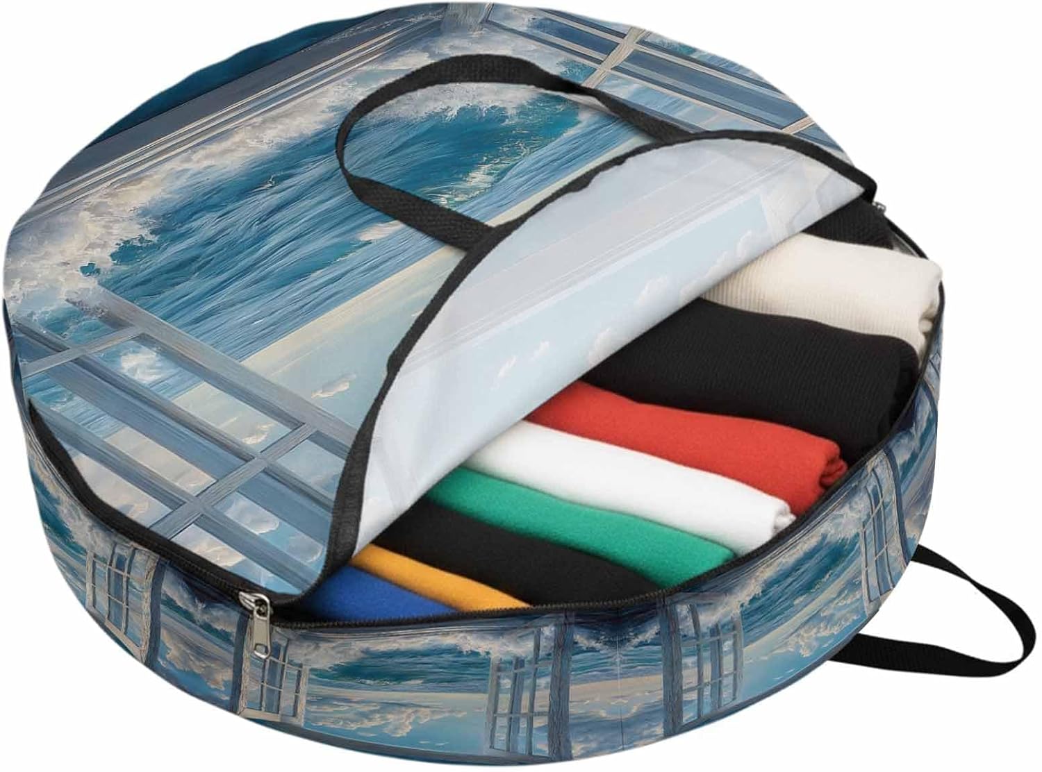 Window On The Ocean Round Storage Bag 36 Inch, Wave Cloud Clothes Storage Container with Handles Heavy Duty Organizer for Comforter, Bedding & Holiday Wreaths