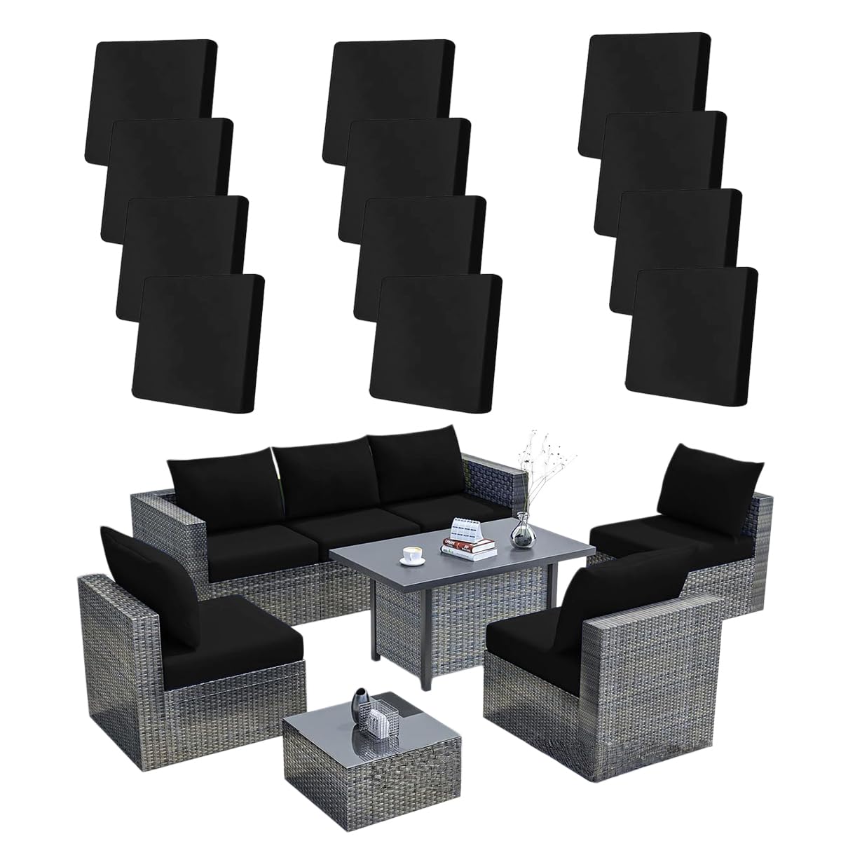 Hiseng 8/12/14 PCS Outdoor Cushion Covers Stretch Patio Cushion Covers Replacement Slipcovers Washable for Outdoor Sofa Cushions, Garden Furniture Set, Rattan Corner Sofa (Black,12PCS)