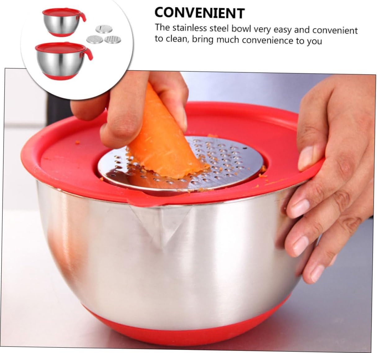COHEALI Stainless Steel Mixing Bowl Set with Red Handle, 18Cm 20Cm Non-Slip Silicone Base, Kitchen Salad and Food Mixing Bowls with Lettered Lids and 3 Graters for Daily Cooking and Baking