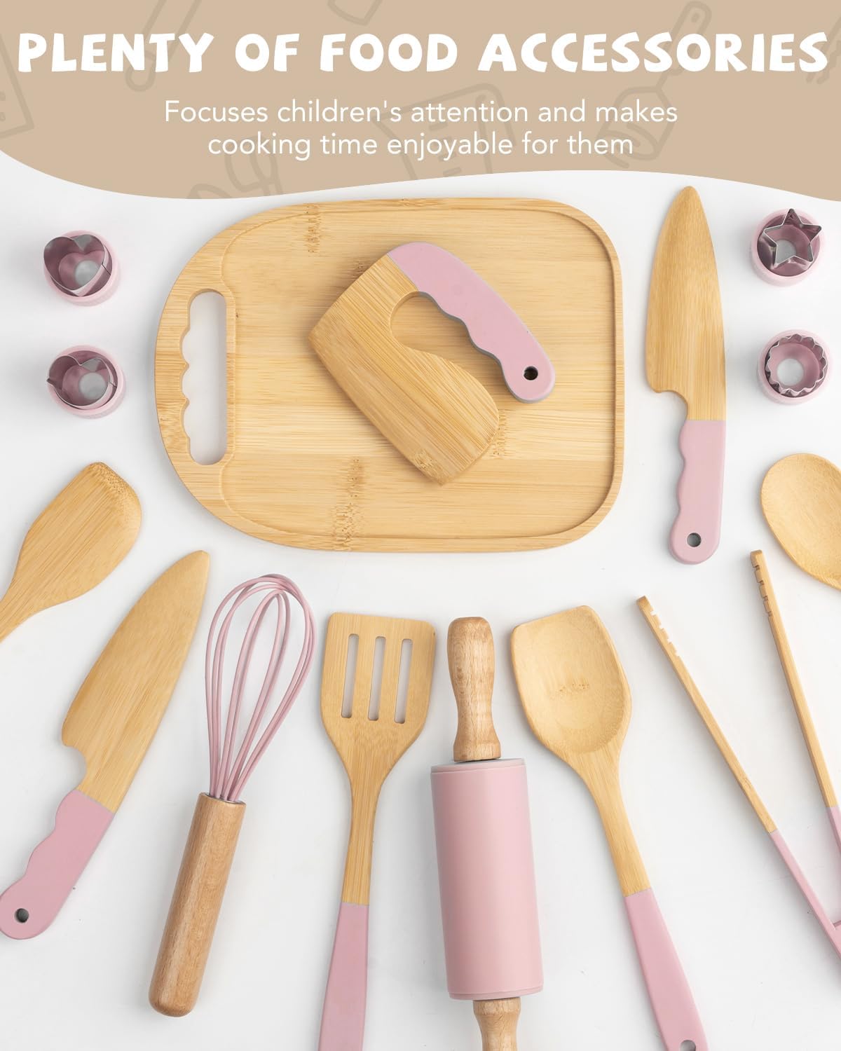Wooden Kids Cooking Set Montessori Kit - Real Toddler Kitchen Tools & Baking Utensils - 30PCS Cooking Kit for Kids with Storage Bag, Great Gift for Pretend Play & Montessori Learning (Pink)