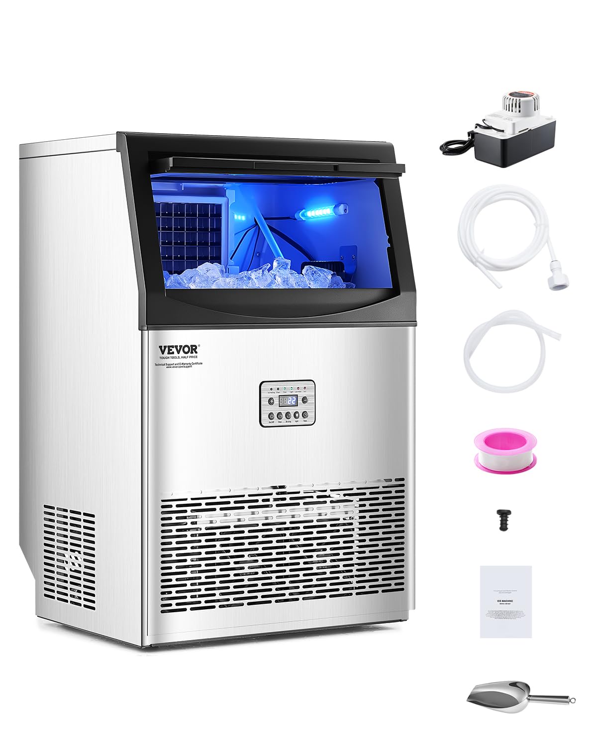 VEVOR 90lbs/24H Commercial Ice Maker Machine with Drain Pump, 33lbs Storage Capacity Ice Maker, 50 Ice Cubes in 15 Minutes, LED Digital Display Freestanding Self-Cleaning for Bar Office Restaurant