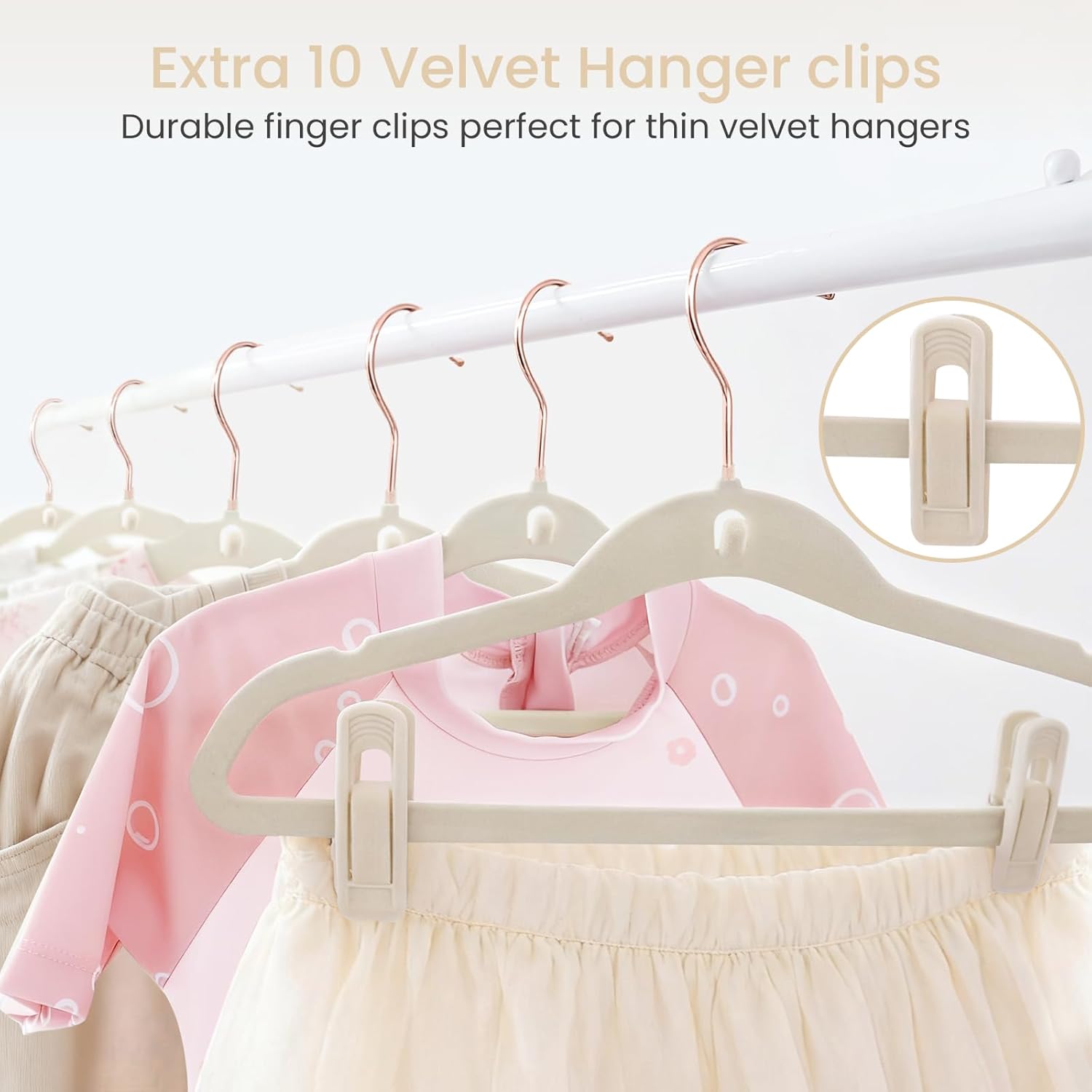 Kids Velvet Hanger 50 Pack, 11" Baby Clothes Hangers with Rose Gold Swivel Hook & 10 Clips, Ultra Thin 0.2" Non-Slip Nursery Hangers, Stackable Space-Saving Felt Hangers for Closet, Beige