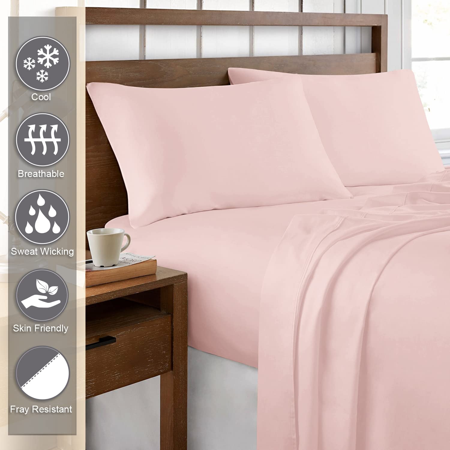 Pizuna Set Lenzuola letto singolo Cotone 90x200 cm Rosa Chiaro, 400 fili con trama Sateen in 100% Cotone a fiocco lungo Completo lenzuola con 1 lenzuolo con angoli, 1 lenzuolo sopra, 1 federa