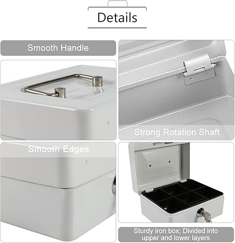 Miniatura 5 de Pequeña caja de metal para efectivo, mini caja de bloqueo de dinero, portátil, organizador de cambio, asa de bloqueo, bandeja extraíble,
