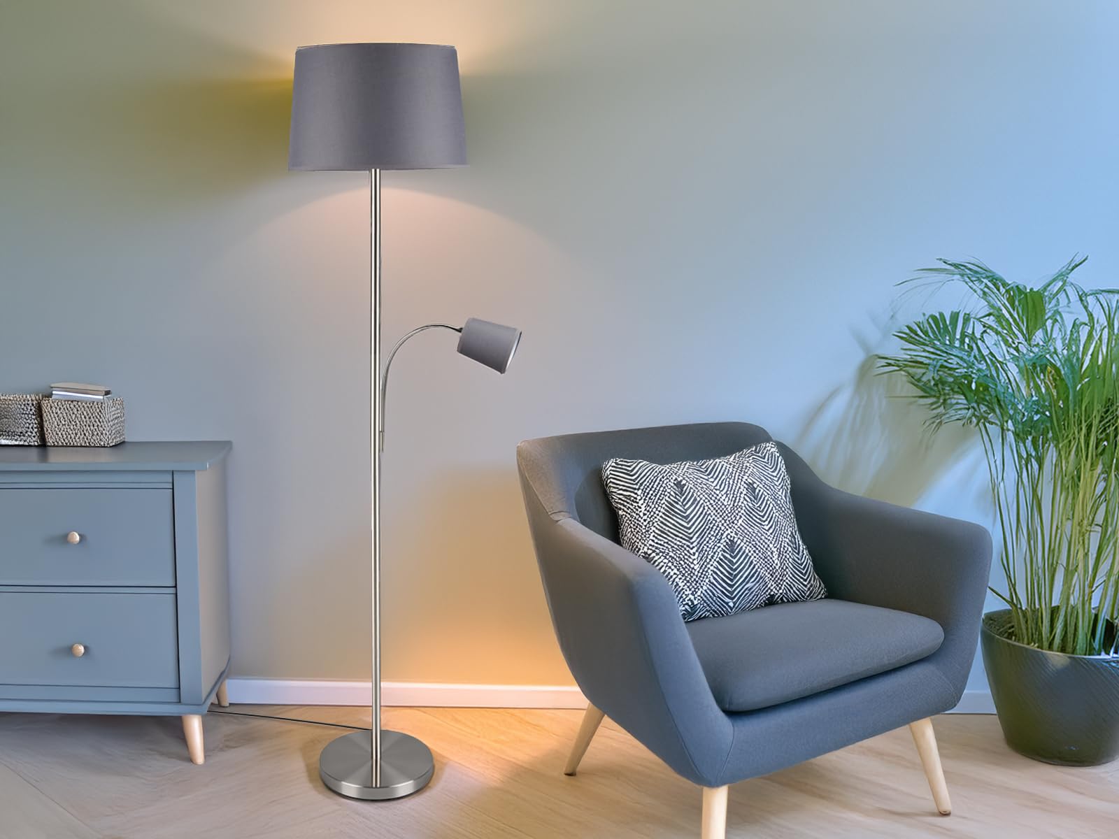 meineWunschleuchte Lampa podłogowa z lampką do czytania w kolorze srebrnym matowym z kloszem z tkaniny Ø40cm w kolorze szarym, SP1010218G