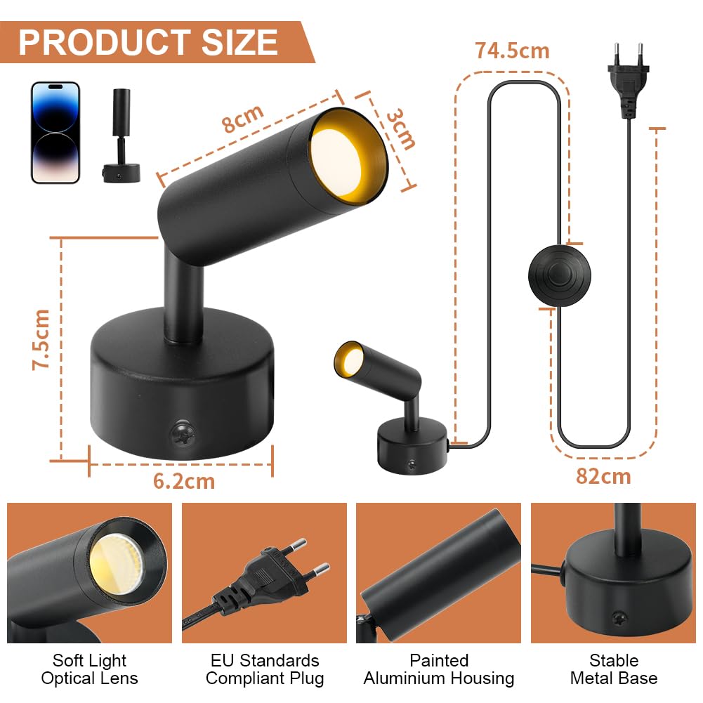 Wandleuchte Innen 360° Schwenkbar, 2 Stück LED Spotlight Wandstrahler Inne mit 3 Farben Dimmbar, LED Spots mit Timing Fernbedienung, Wandlampe für Bilderbeleuchtung Pflanzenbeleuchtung, Schwarz