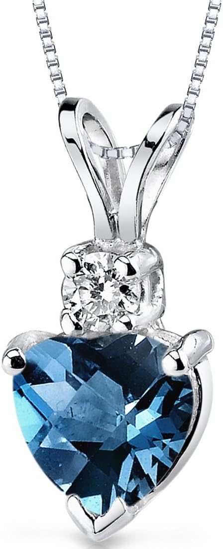 PEORA Solid 14K White Gold London Blue Topaz and Diamond Pendant for Women, Genuine Gemstone, Heart Shape Solitaire, 6mm, 1 Carat total, December Birthstone Necklace, Gold Necklace, w/Jewelry Box