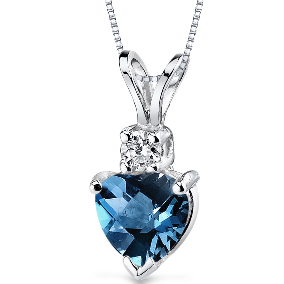 PEORA Solid 14K White Gold London Blue Topaz and Diamond Pendant for Women, Genuine Gemstone, Heart Shape Solitaire, 6mm, 1 Carat total, December