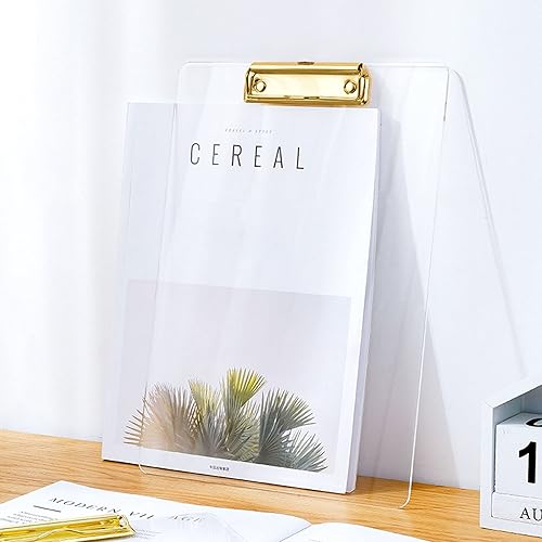 Miniatura 4 de Moocci Portapapeles transparentes de acrílico grueso, bonito portapapeles transparente con clip dorado fuerte agujero oculto para colgar papel A4,