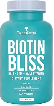 Biotin Bliss Skin Hair Nails Vitamins + Saw Palmetto Supplement Volumizer & Thickening Formula for Men Women Folate MSM B Complex for Hair Growth & Strength 60 Capsules 30-Day Supply