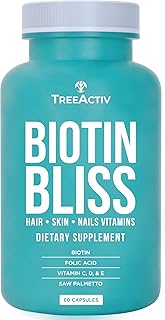 Biotin Bliss Skin Hair Nails Vitamins + Saw Palmetto Supplement Volumizer & Thickening Formula for Men Women Folate MSM B Complex for Hair Growth & Strength 60 Capsules 30-Day Supply