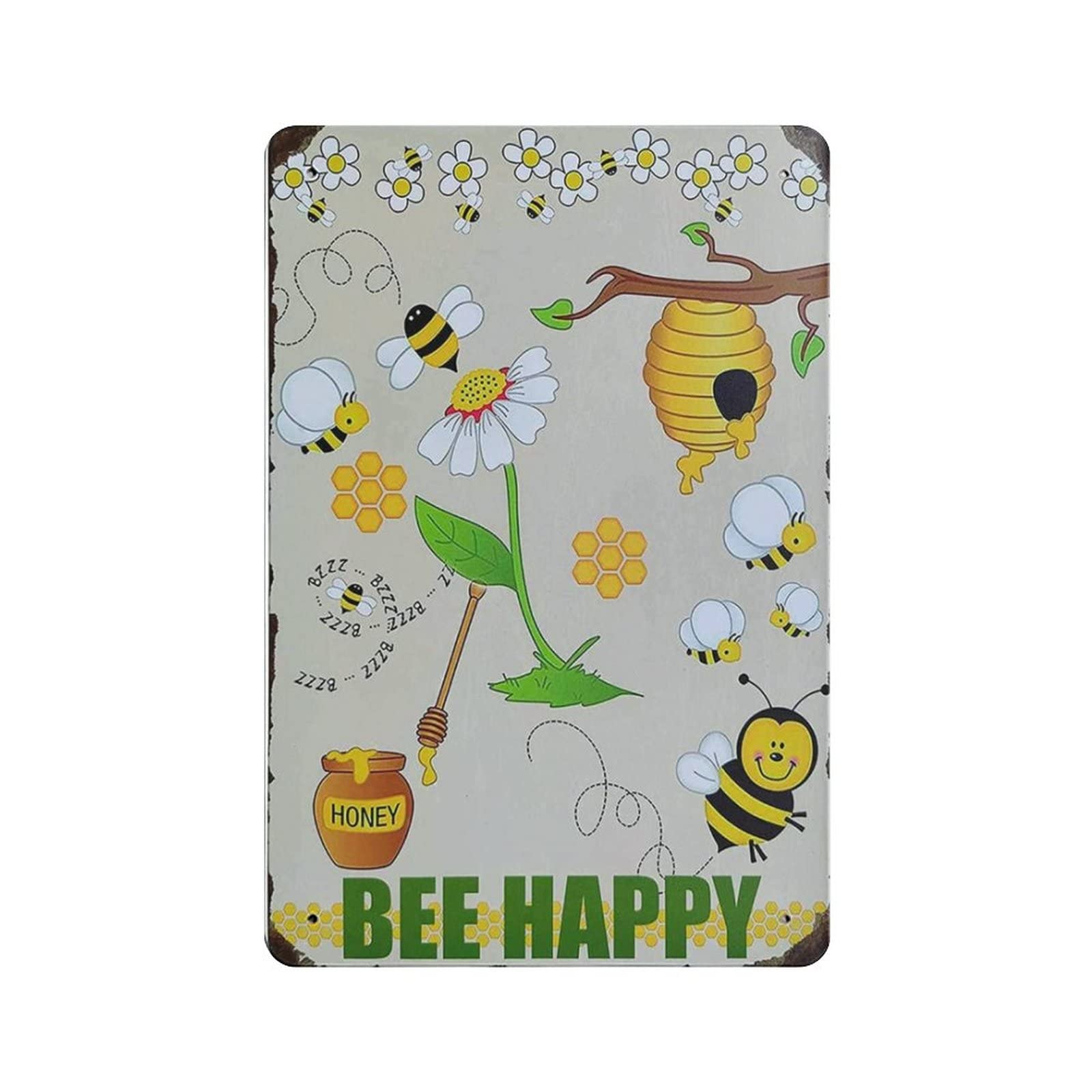 AOOEDM Novelty Bee Happy Vintage Metal Tin Sign for Home Coffee Shop Office Wall Art Metal Poster Garage Decor Man Cave Sign Inspirational Quote Wall Decor
