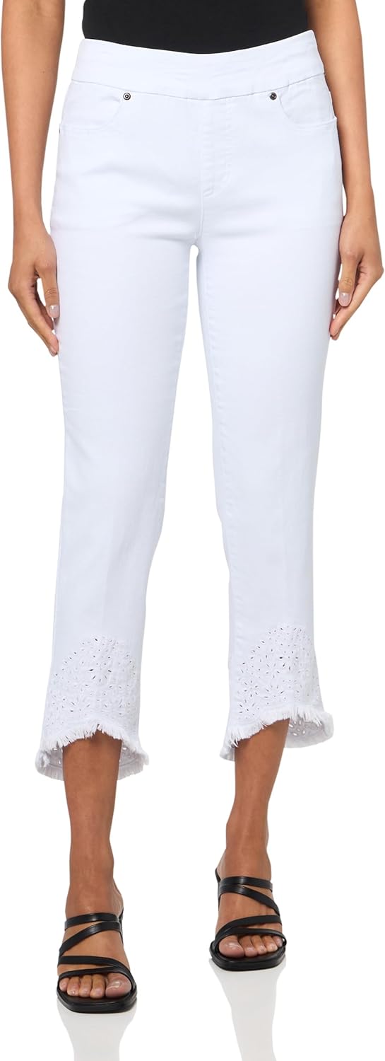 Pull On Ankle Jean with Real Front and Back Pockets and High-Low Embroidered Scallop Hem