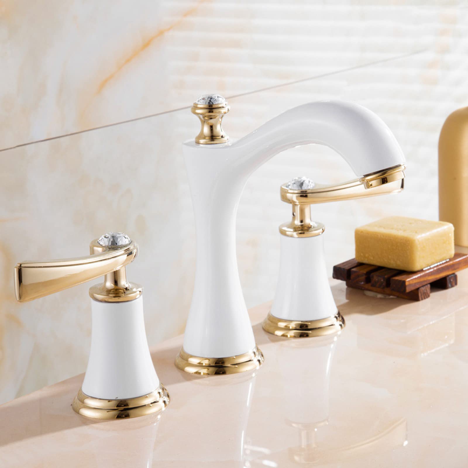 Rubinetto per lavabo a 3 Fori, in Ottone, con Doppio Miscelatore, per Acqua Calda e Fredda, con 2 Leve, Colore Oro Nero (Colore: Oro Bianco)