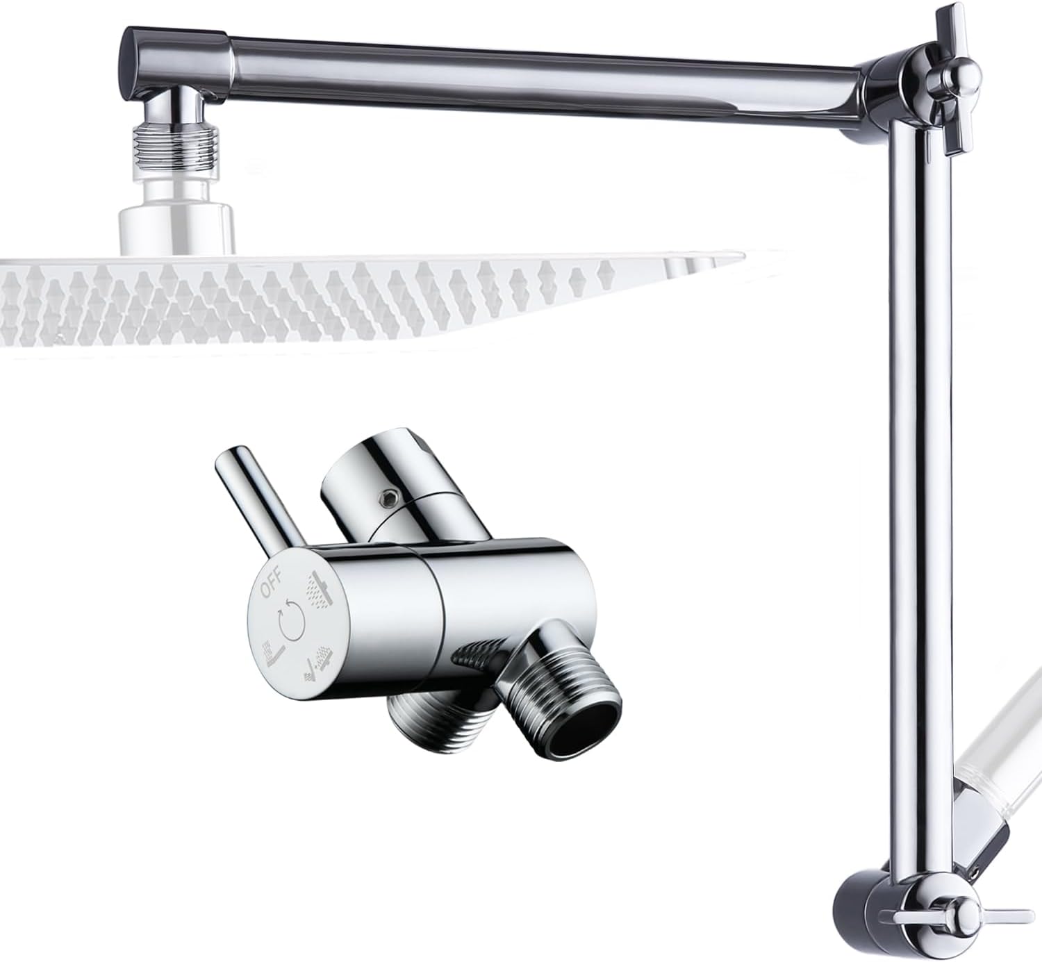 G-Promise 16 Inch Shower Extension Arm, Solid Brass Height & Angle Adjustable Extender, High-Flow Shower Diverter Valve with Pause Mode