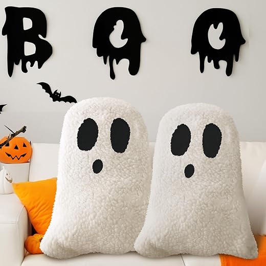 Kigley 2 Pcs Ghost Shaped Pillows Halloween Throw Pillows for Sofa Bed Couch Ghost Decor Stuffed for Halloween Party Outdoor Home Decorations Cushion (11.81 x 7.87 Inch)
