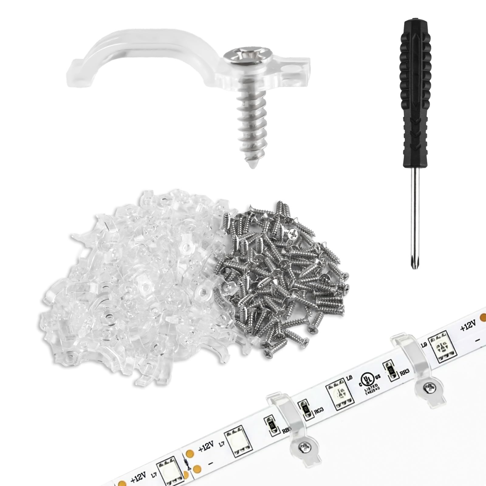 100 Pcs Strip Light Mounting Brackets, 10mm Outdoor LED Strip Light Mounting Clips, Led Light Strip Clips, One-Side Fixing Clips Brackets for 10mm Wide Waterproof Strip Lights, with 100 Screws