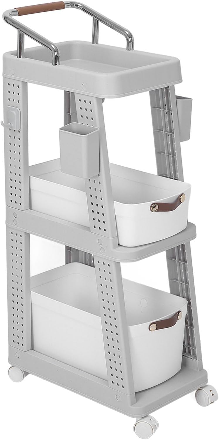 Rolling Utility Cart Mobile Storage Trolley Multifunctional Organizer with Wheels for Office Kitchen Living Room PP ABS Material 26x44x87cm (3 Tier Grey)