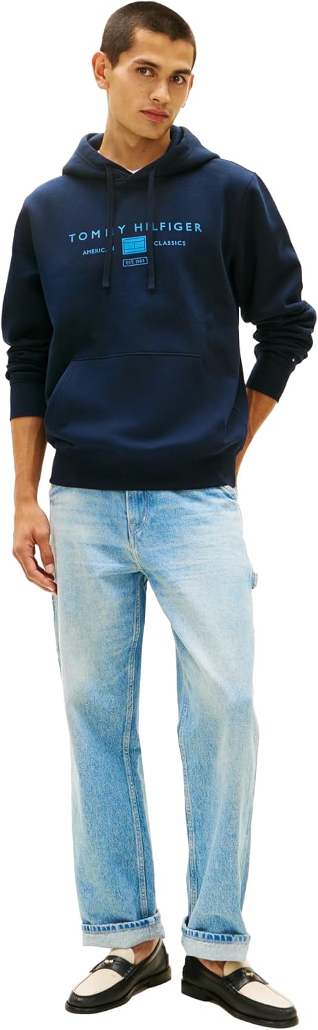 Tommy Hilfiger Men's Medium Weight Cotton Hoodie Sweatshirt With Printed Stacked Chest Graphic