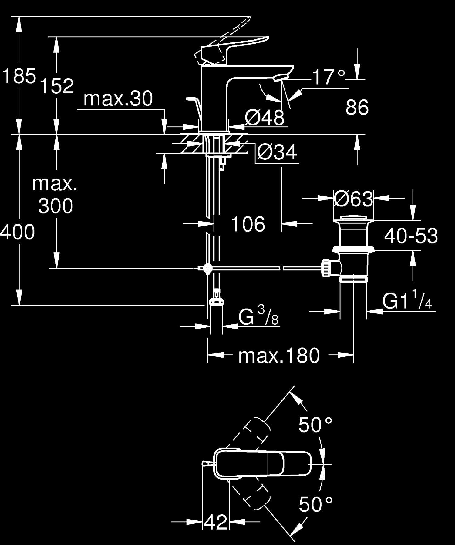 GROHE Dice Grifo Monomando de Lavabo S con Vacío Automático (Cartucho Cerámico 28 mm, Ahorro de Agua, Conexiones 3/8", Fácil de Instalar QuickTool Incluido), Cromado, 1018560000