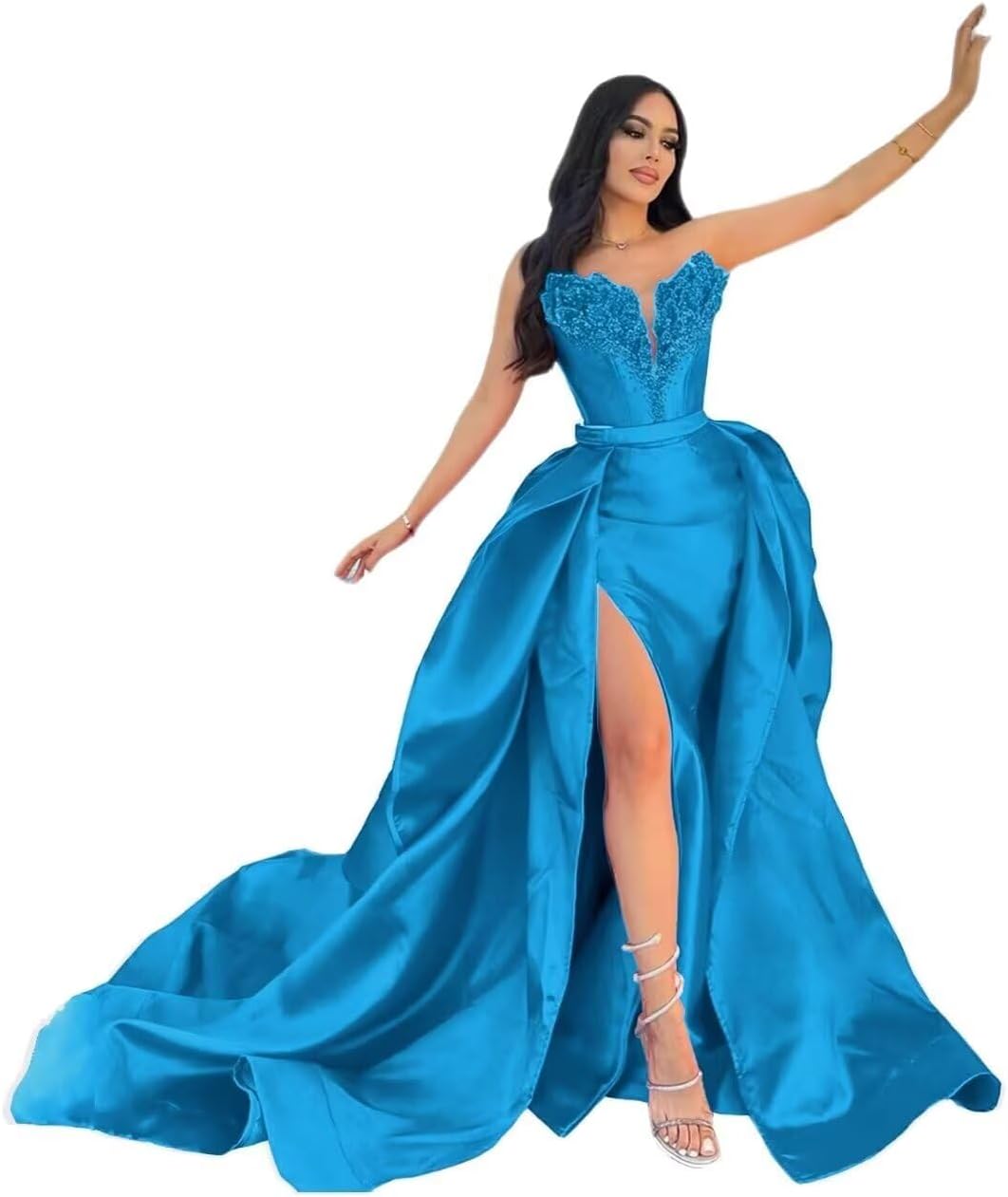 Yuxin Women's Strapless Satin Prom Dresses Long Ball Gown 2025 Sequin Detachable Train Formal Evening Gowns with Slit