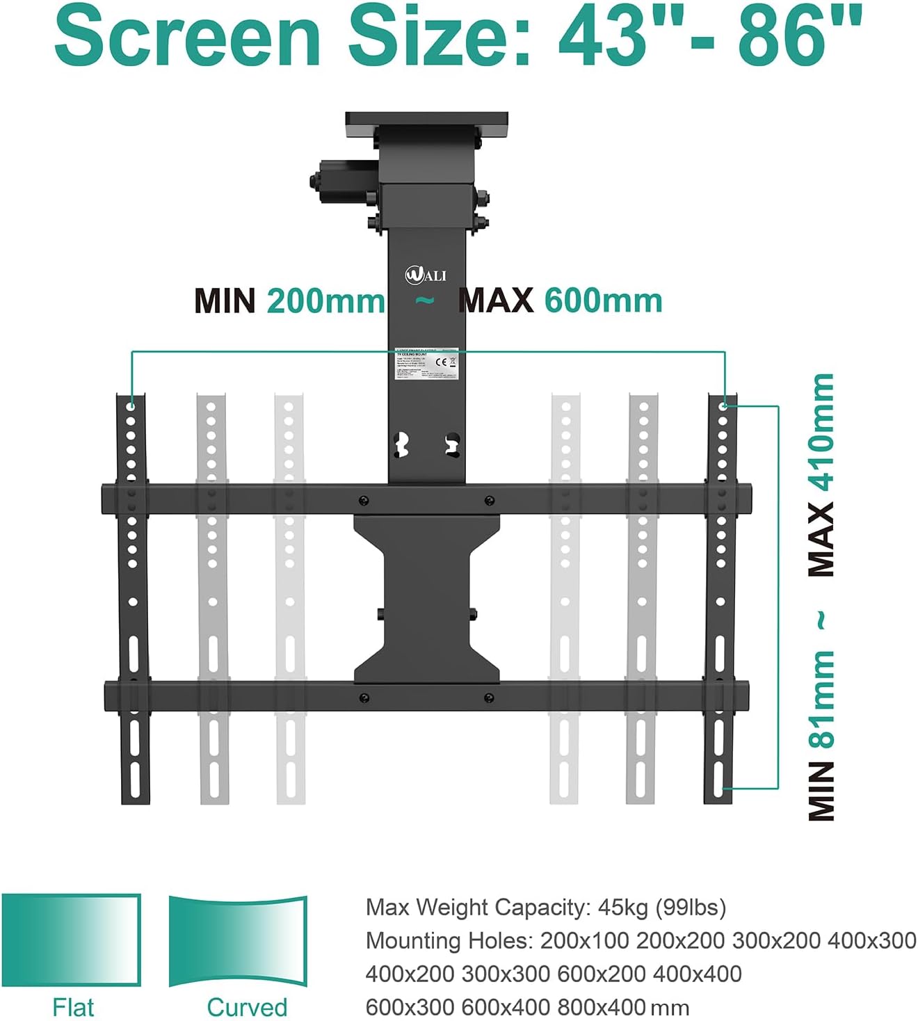 Diagram illustrating WALI Electric Ceiling TV Mount compatibility for screen sizes 43-86 inches, max weight 99 lbs, and VESA mounting patterns.