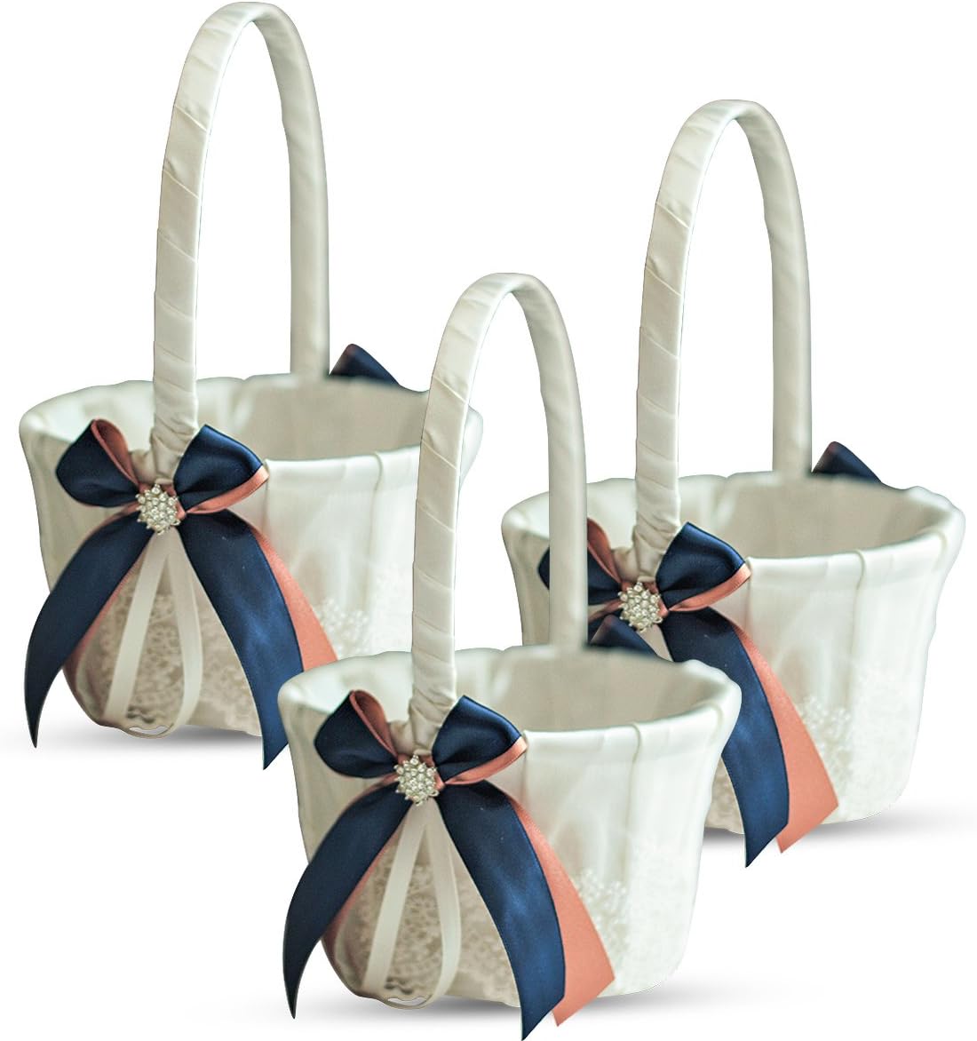 Ivory Ring Bearer Pillow and Basket Set | Lace Collection | Flower Girl & Welcome Basket for Guest | Handmade Wedding Baskets & Pillows (Navy Rose Gold)