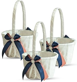 Alex Emotions Ivory Ring Bearer Pillow and Basket Set | Lace Collection | Flower Girl & Welcome Basket for Guest | Handmade Wedding Baskets & Pillows (Navy Rose Gold)