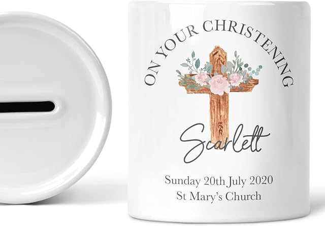 Christening Gift For Baby Girl Boy Personalised Piggy Bank For Babies Girls Decor Newborn Gifts Money Box Custom Name Savings Jar Decor Coin Box Money Bank Nursery Accessories Ceramic Keepsake