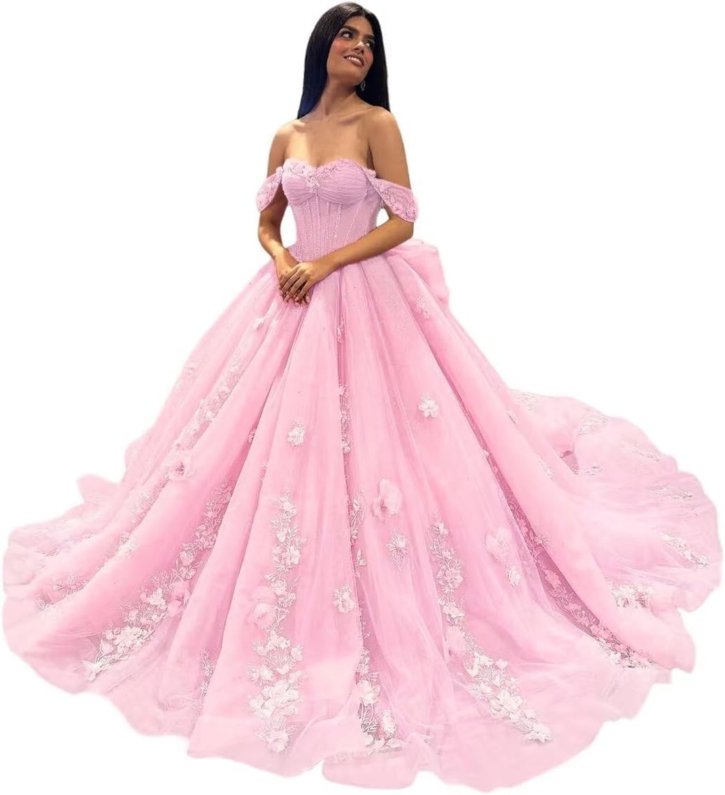 Fuomomo Off Shoulder Quinceanera Dresses Ball Gowns for 15 16 Year Old Quinceanera Evening Gowns with lace Appliques MT033 Pink
