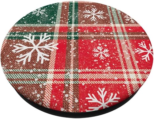Miniatura 2 de PopSockets PopGrip estándar con patrón de cuadros navideños rojos y verdes y copos de nieve