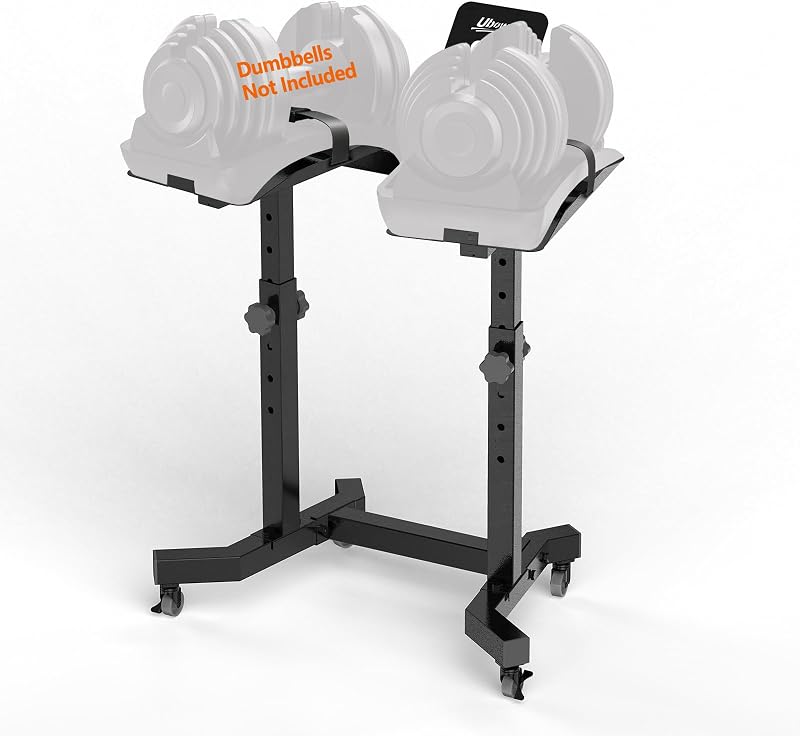 Soporte para mancuernas, soporte ajustable para mancuernas Powerblock, mancuernas Bowflex | estante de pesas para gimnasio en casa, ajuste de altura de 4 niveles, límite de peso de 220 libras, con ruedas y soporte para mesa