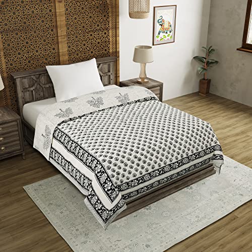 Image of BLOCKS OF INDIA Cotton Single Size Quilt Hand Block Print for Light Winters (60X90 Inches) (Grey Tree, Lightweight), 300 TC