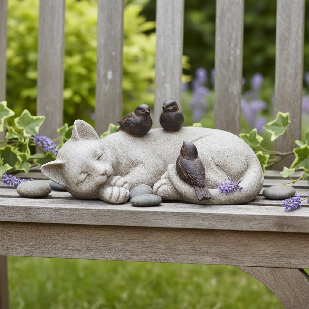 Comfy Hour 12" Sleeping Cat with Sparrows Garden Statue, Stone Look Cat Memorial Accent for Outdoor Indoor, Unique Cat Lover Present for Women, Sympathy Pet Remembrance Figurine, 1 Unit