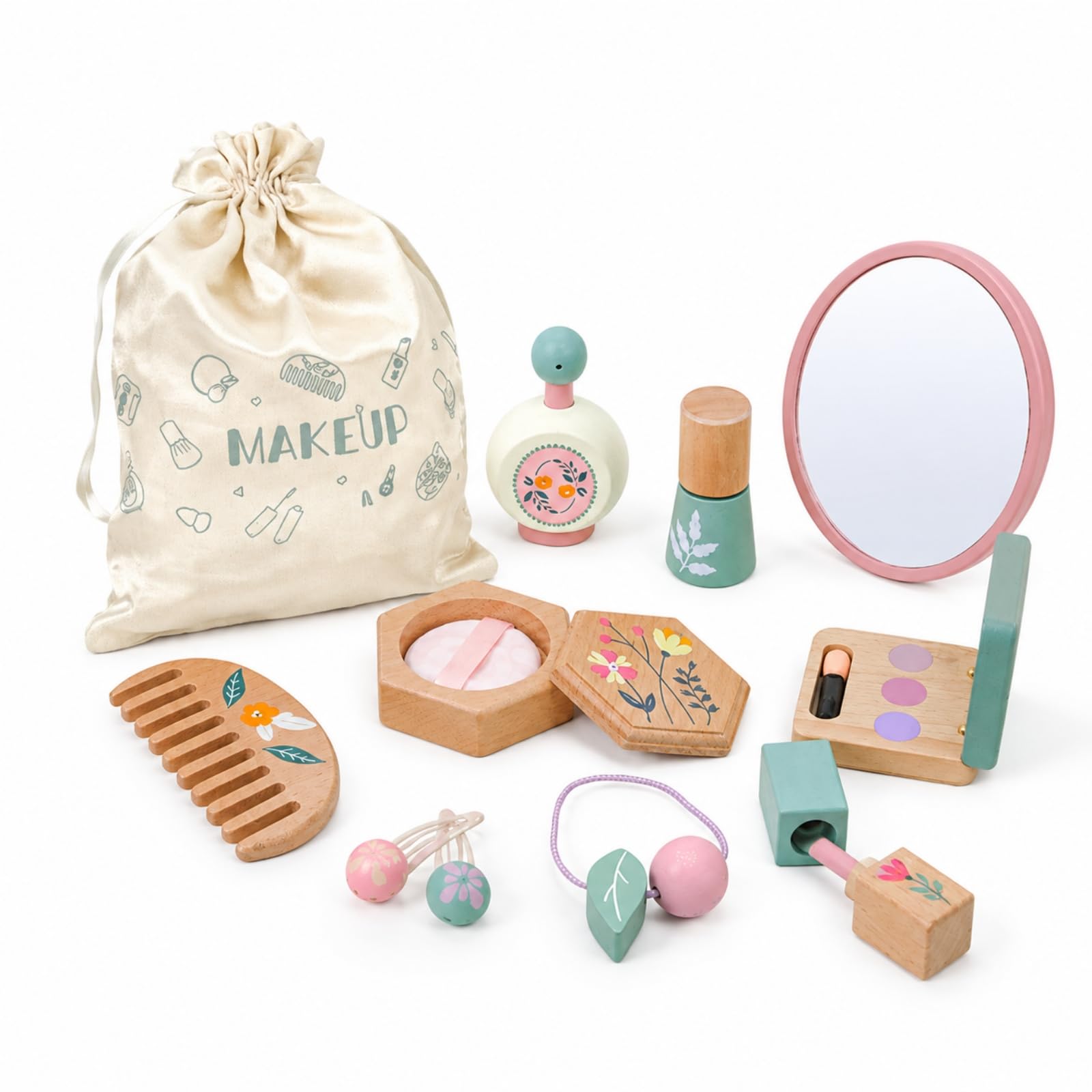 Kit Trucco in Legno per Bambini con Borsa a Coulisse Sicuro Set di Trucchi Finto con Trousse Completo Giocattolo per Apprendimento Precoce,