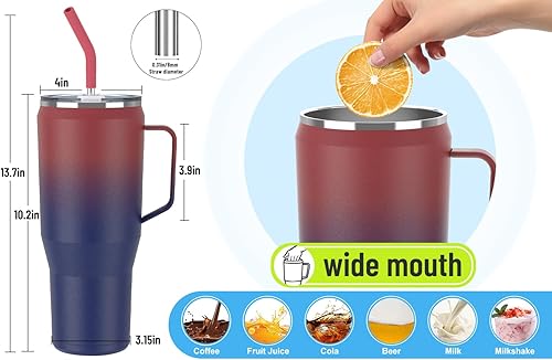 Miniatura 6 de Zenbo Vaso de 50 onzas con asa, vaso de acero inoxidable aislado al vacío con tapa y popote, mantiene las bebidas frías hasta 34 horas, cuerpo a