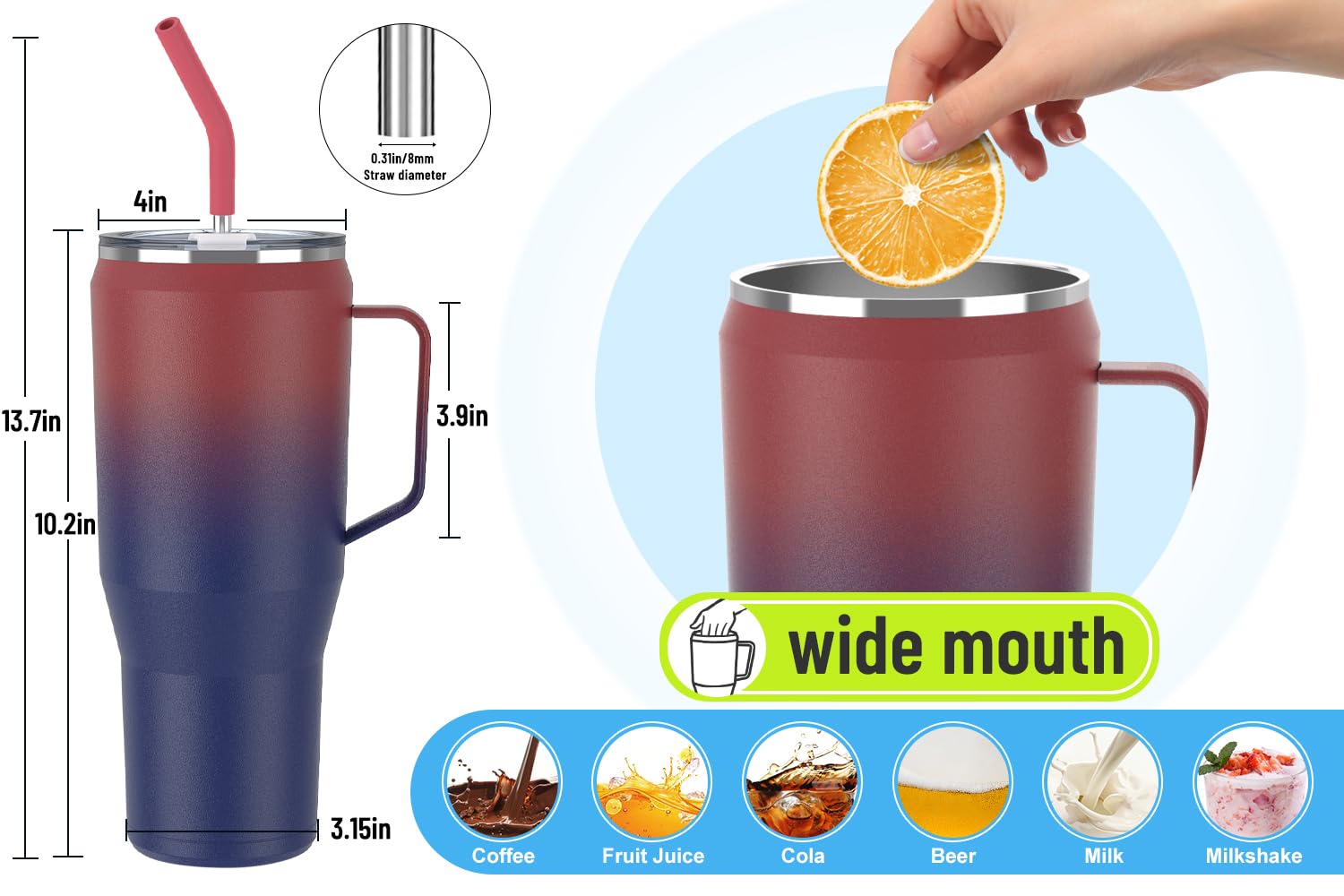 Zenbo 50 oz Tumbler with Handle - Stainless Steel Vacuum Insulated Cup with Lid and Straw, Keeps Drinks Cold up to 34 Hours - Sweat-Proof Body, Dishwasher Safe