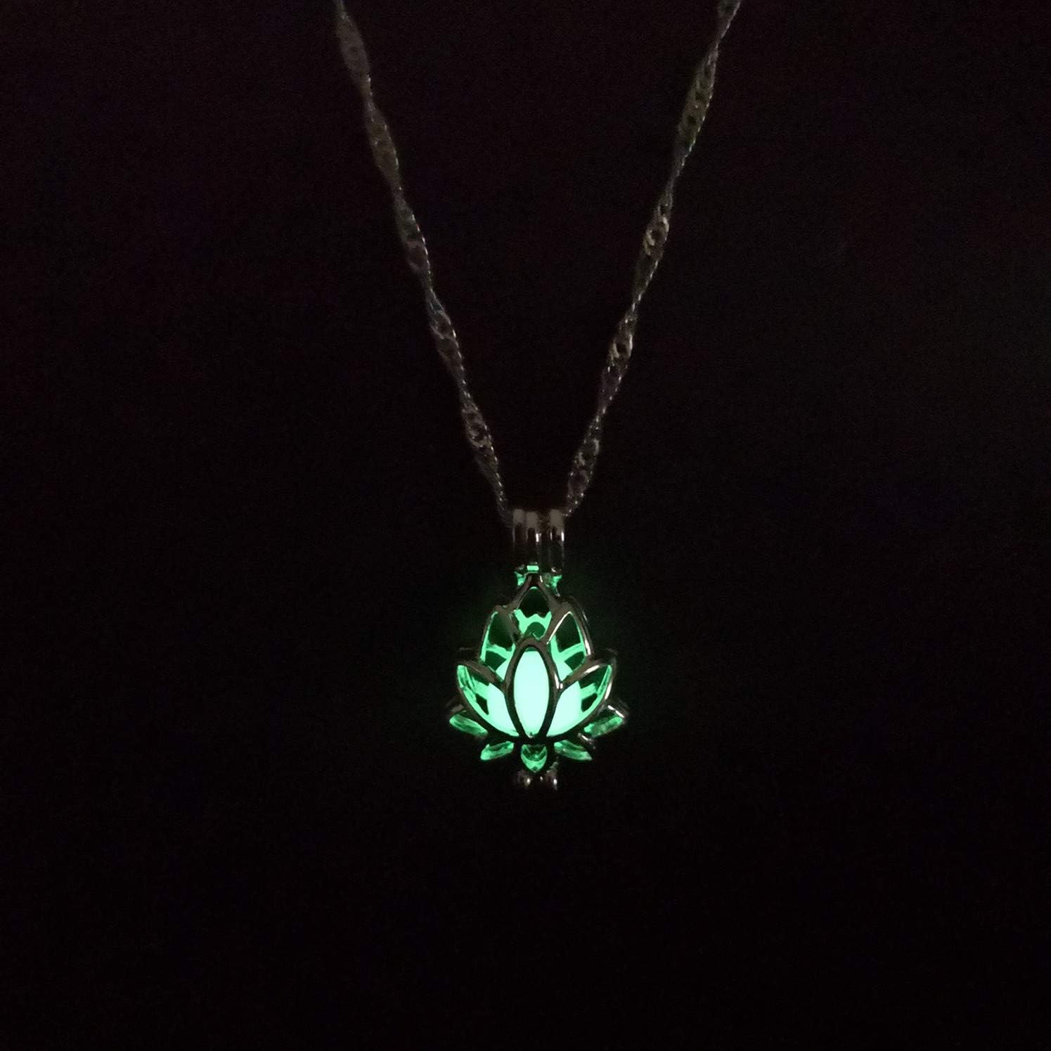 U-K Sky Blue Glow in The Dark Lotus Flower Shaped Pendant Necklace for Women Creative and Useful Professional and Attractive