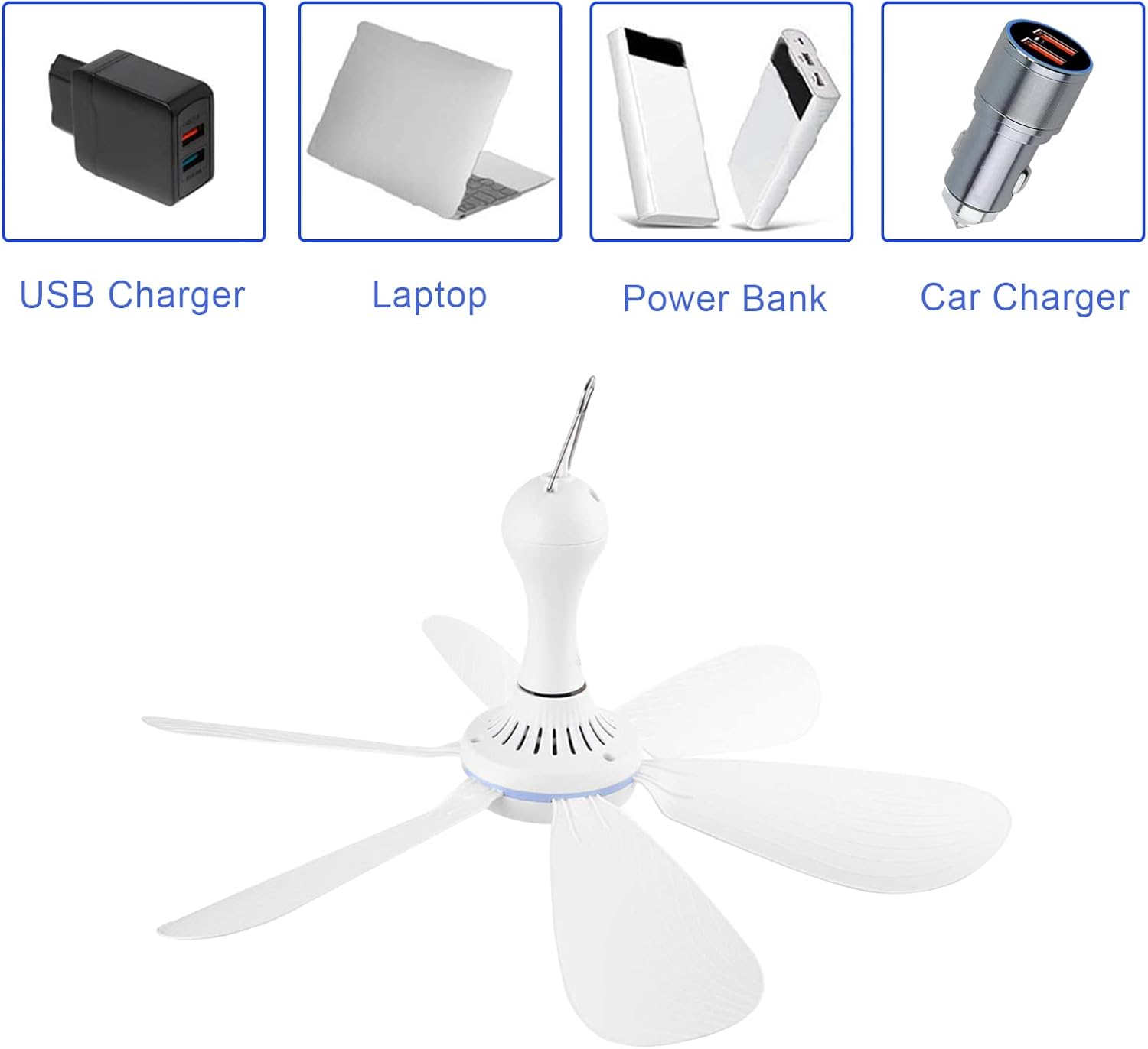 USB Powered Ceiling Fan Portable Canopy Fan with ON/OFF switch, 6 Blades Quiet Small DC USB Ceiling Fan Hanging Fan for Camping Cruise RV Tent Gazebo Bed Dormitory Home Room