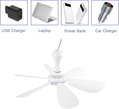 Miniatura 5 de Ventilador de techo silencioso alimentado por USB con cable de extensión de 3.3 ft, pequeño portátil de 6 aspas, silencioso y pequeño ventilador de