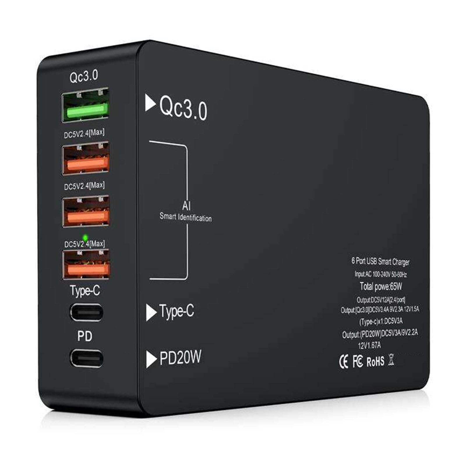 Cargador multipuerto de 65 W Cabezal de carga tipo C Cabezal de carga de teléfono móvil USB de 6 puertos Cargador multipuerto