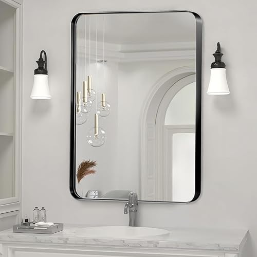 Miniatura 8 de Espejo de baño negro de 22 x 30 pulgadas, espejo rectangular con marco de metal cepillado con esquina redondeada, espejo de tocador de baño negro