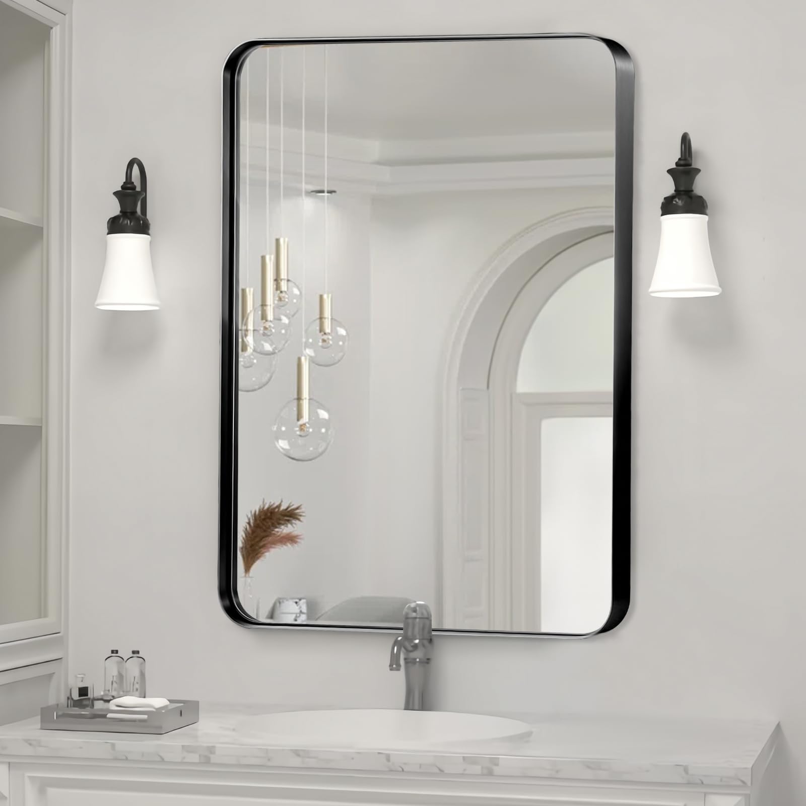 40x30 Inch Gold Bathroom Mirror, Brushed Metal Framed Rectangle Mirror with Rounded Corner, Gold Bathroom Vanity Mirror for Bedroom or Living Room, Horizontal/Vertical: JENBELY 30x36 Inch Black Bathroom Mirror, Brushed Metal Framed Rectangle Mirror with Rounded Corner, Black Bathroom Vanity Mirror for Bedroom or Living Room, Horizontal/Vertical