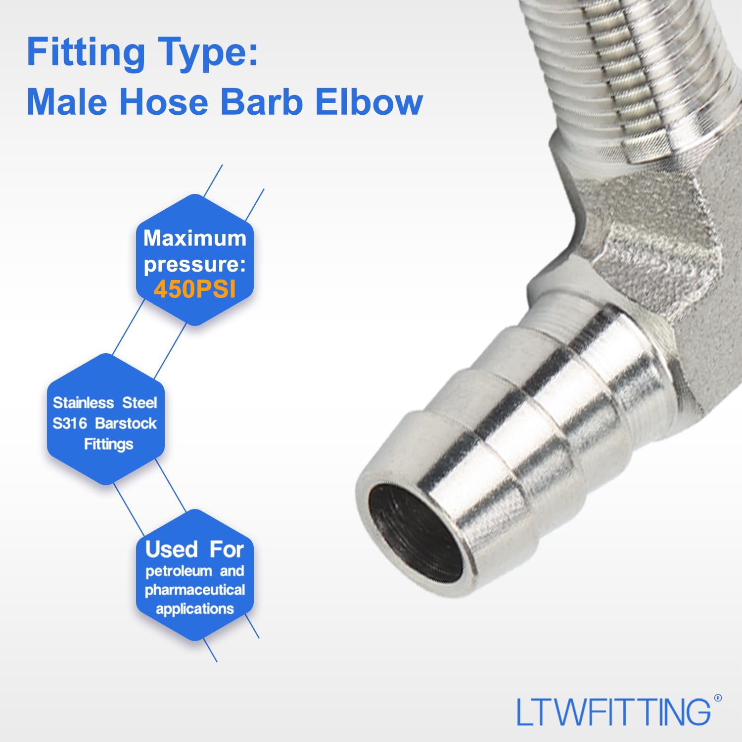 LTWFITTING 90 Degré Coude Barbillon Raccord 3/8" ID tuyau x 1/8" Mâle NPT Acier Inoxydable 316 de Tuyau (paquet de 5)