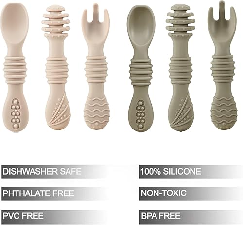Miniatura 2 de PandaEar Juego de 6 cucharas y tenedores de silicona para bebés (paquete de 6) | Utensilios de autoalimentación de silicona sin BPA para bebés de 6
