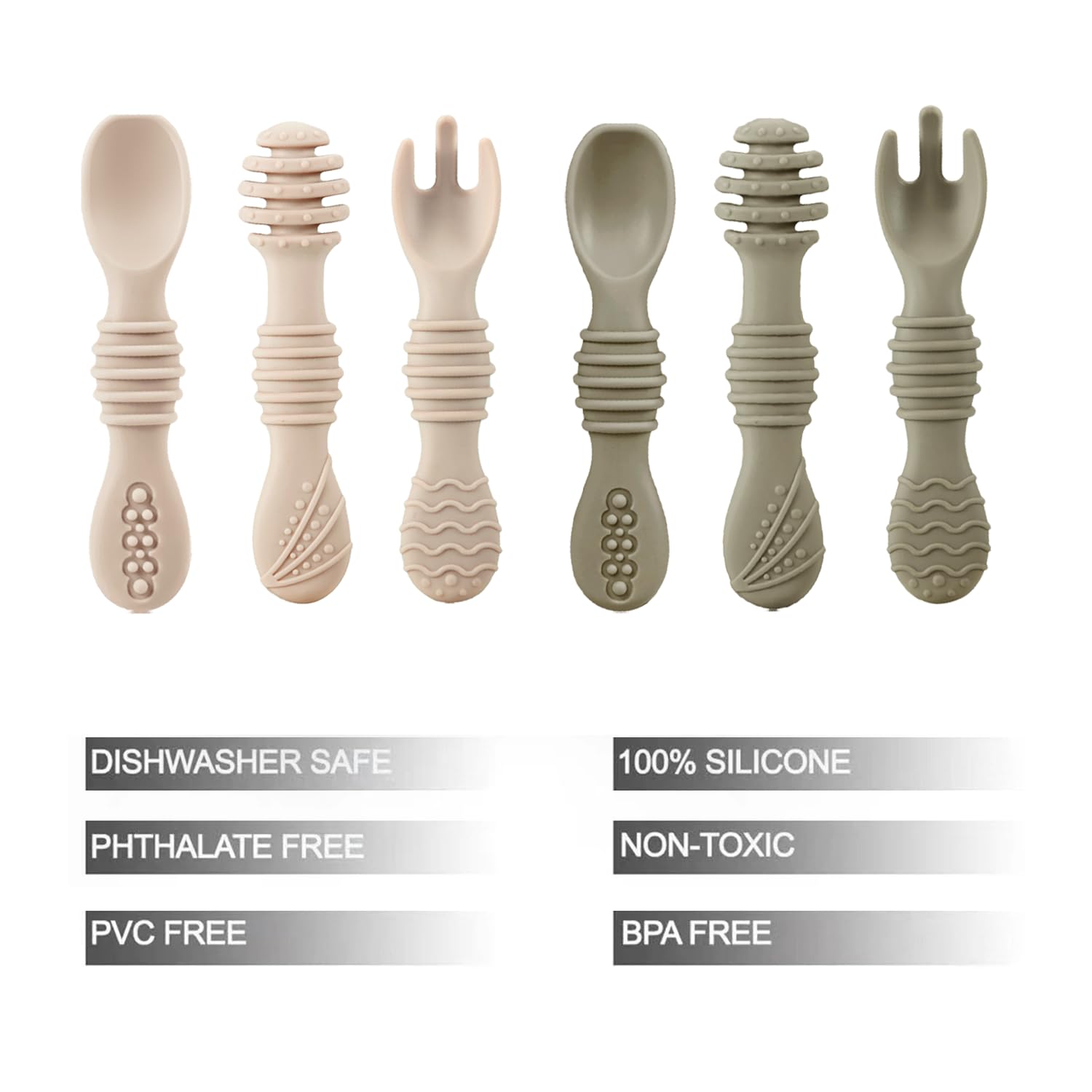 Silicone Baby Spoons & Fork Feeding Set (6 Pack), Light Tan/Walnut - Image 2
