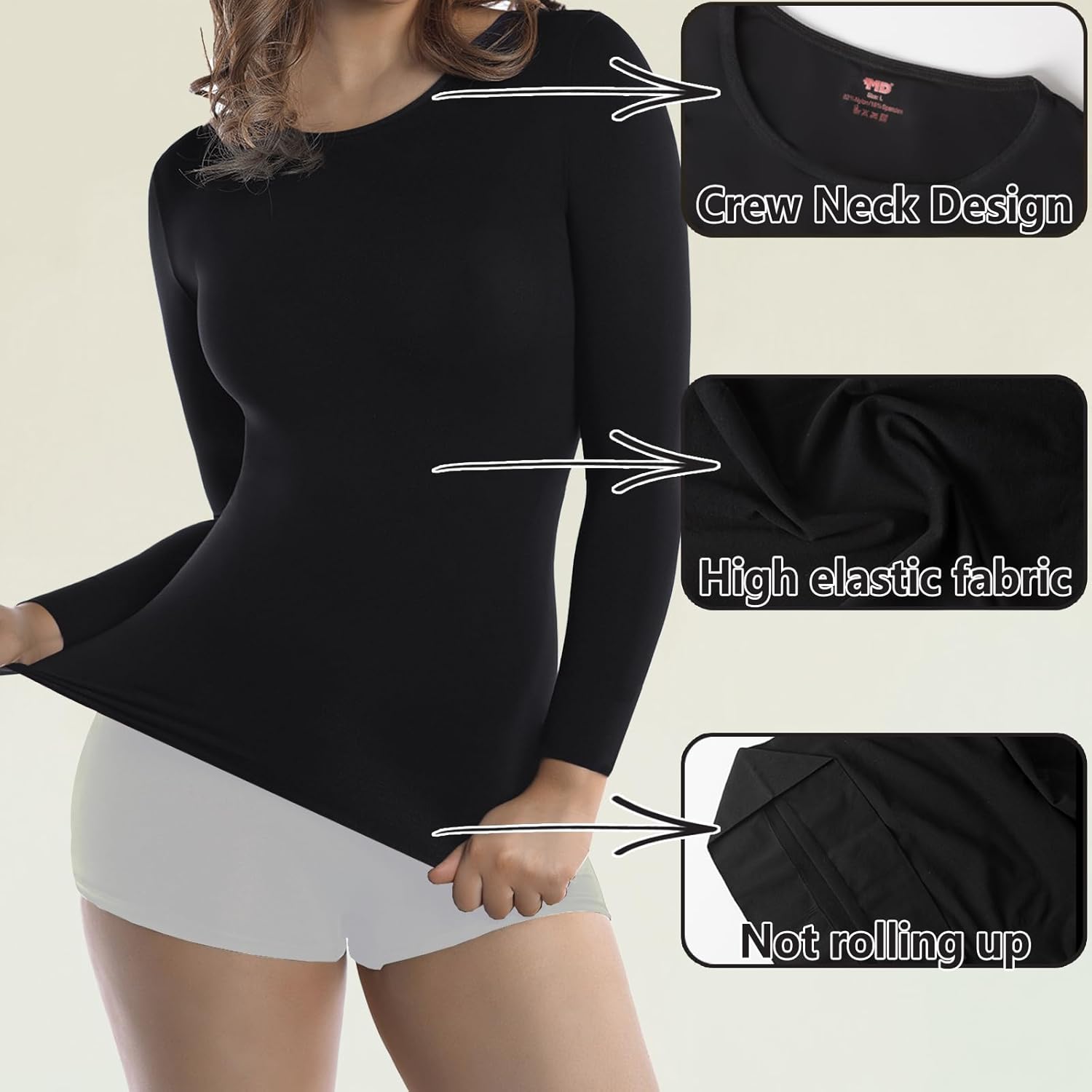 +MD Women Light Compression Undershirts 3/4 Length Sleeve Crew Neck Basic Shapewear Thermal Tops for Tummy Waist Control - Image 4